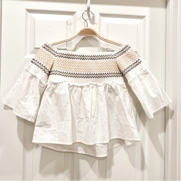 White Embroidered Smocked Off-Shoulder Top - Picture 4 of 6